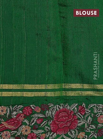 Pure dupion silk saree green with zari woven buttas and floral embroidery border