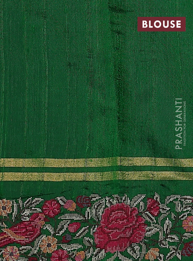 Pure dupion silk saree green with zari woven buttas and floral embroidery border