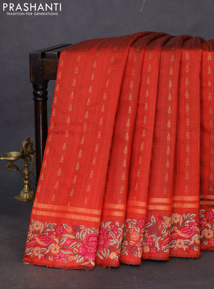 Pure dupion silk saree orange with zari woven buttas and floral embroidery border