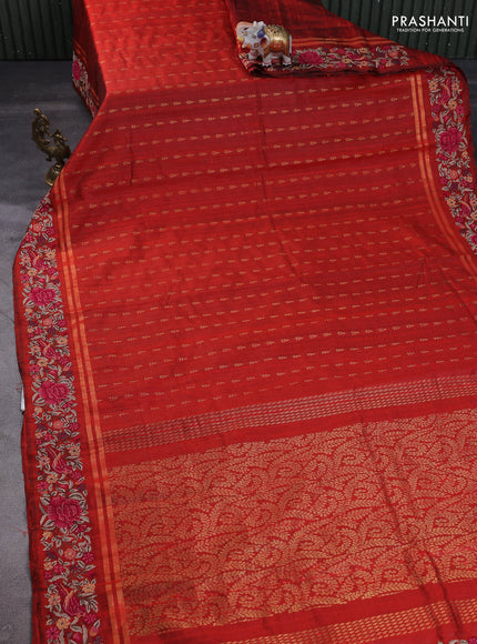 Pure dupion silk saree orange with zari woven buttas and floral embroidery border