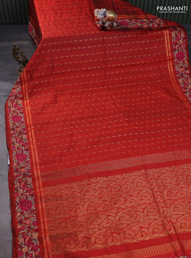 Pure dupion silk saree orange with zari woven buttas and floral embroidery border