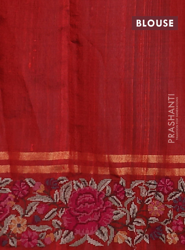 Pure dupion silk saree orange with zari woven buttas and floral embroidery border
