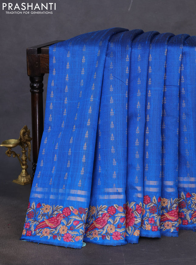 Pure dupion silk saree cs blue with zari woven buttas and floral embroidery border