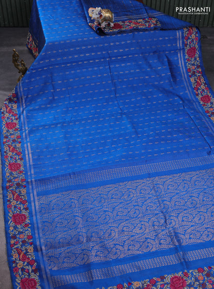 Pure dupion silk saree cs blue with zari woven buttas and floral embroidery border