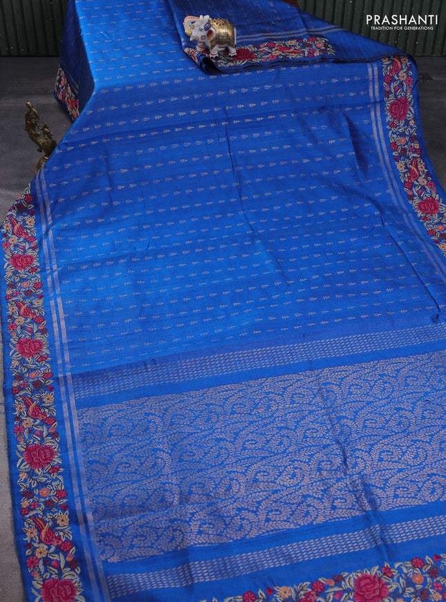Pure dupion silk saree cs blue with zari woven buttas and floral embroidery border