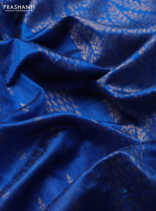 Pure dupion silk saree cs blue with zari woven buttas and floral embroidery border