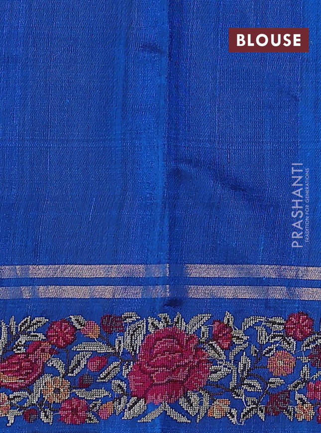 Pure dupion silk saree cs blue with zari woven buttas and floral embroidery border