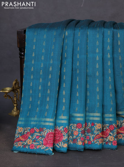 Pure dupion silk saree teal green with zari woven buttas and floral embroidery border