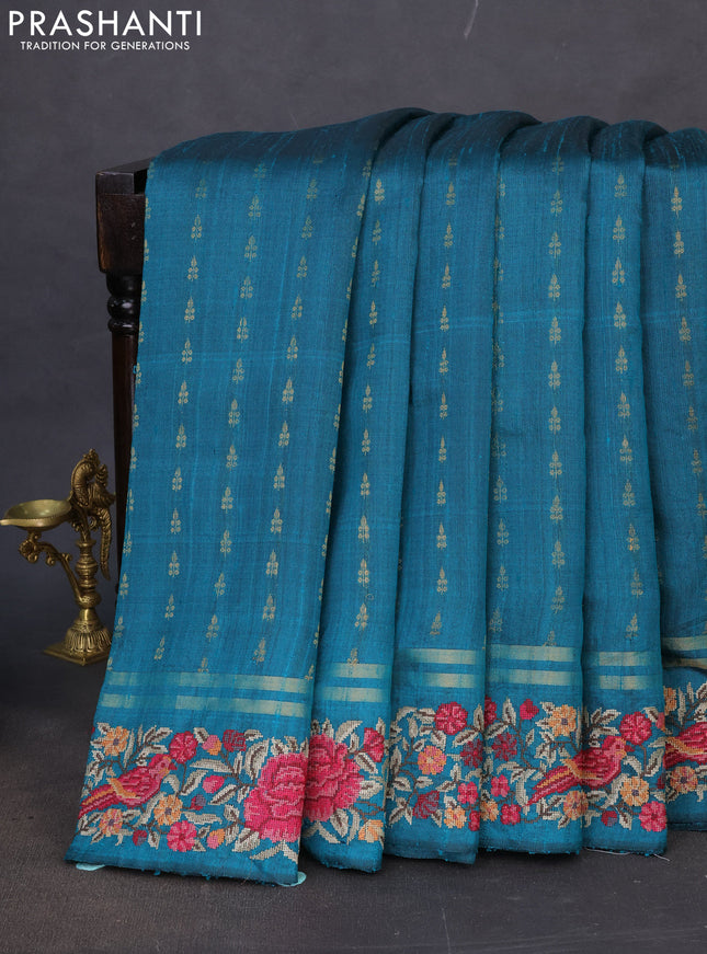 Pure dupion silk saree teal green with zari woven buttas and floral embroidery border