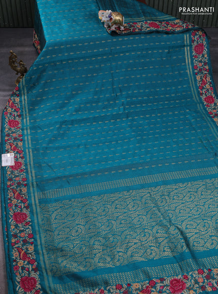 Pure dupion silk saree teal green with zari woven buttas and floral embroidery border