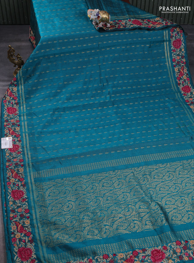 Pure dupion silk saree teal green with zari woven buttas and floral embroidery border