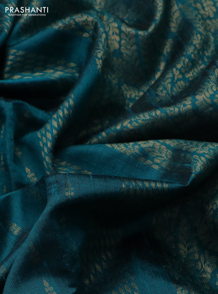 Pure dupion silk saree teal green with zari woven buttas and floral embroidery border
