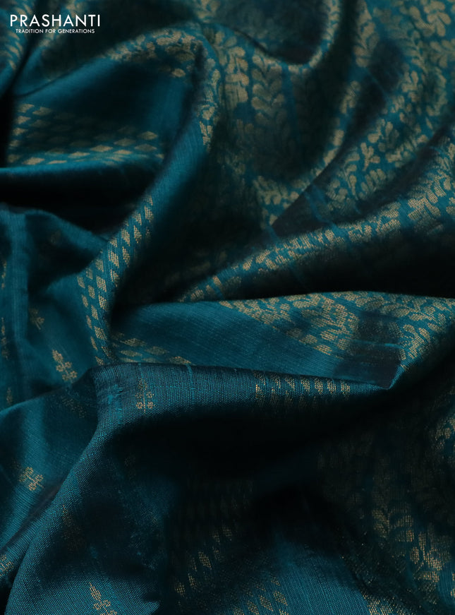 Pure dupion silk saree teal green with zari woven buttas and floral embroidery border