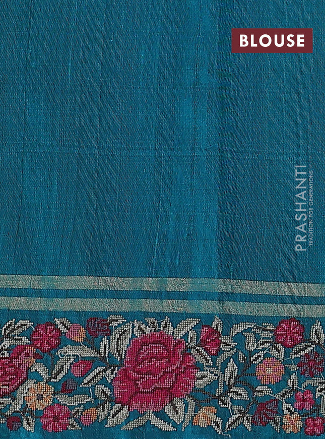 Pure dupion silk saree teal green with zari woven buttas and floral embroidery border