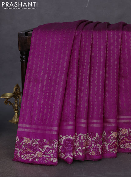 Pure dupion silk saree purple with allover zari weaves and floral embroidery border