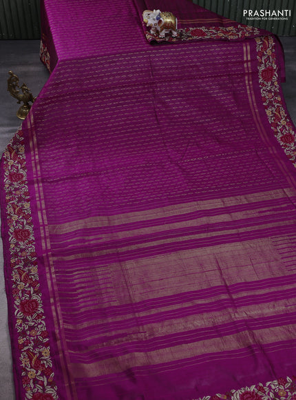Pure dupion silk saree purple with allover zari weaves and floral embroidery border