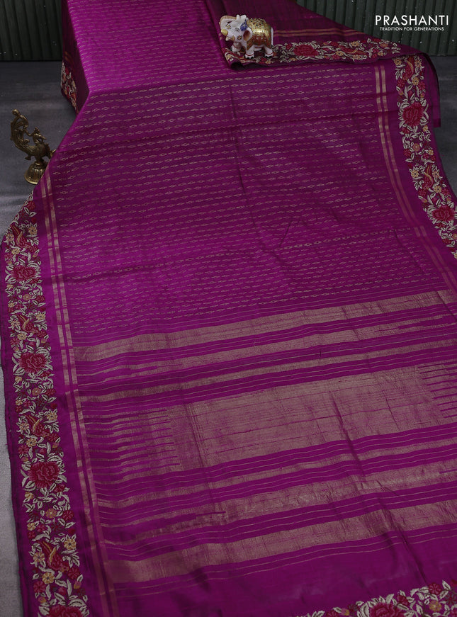 Pure dupion silk saree purple with allover zari weaves and floral embroidery border