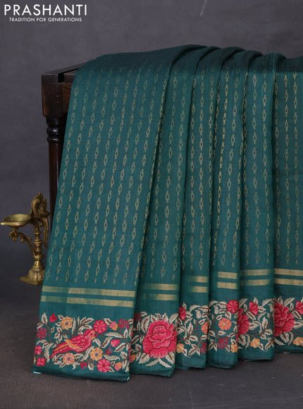 Pure dupion silk saree green with allover zari weaves and floral embroidery border
