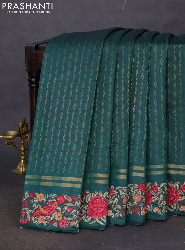 Pure dupion silk saree green with allover zari weaves and floral embroidery border