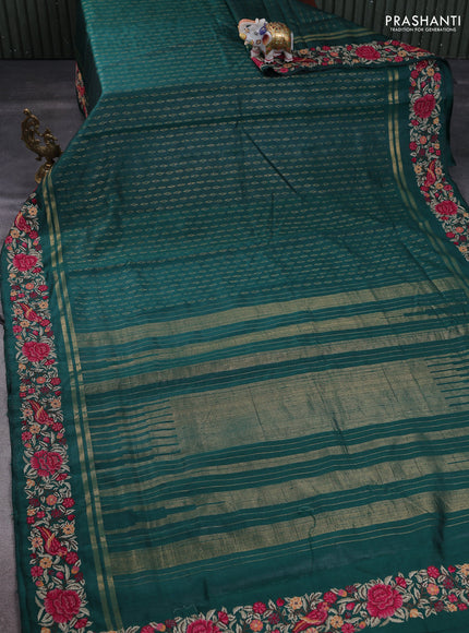Pure dupion silk saree green with allover zari weaves and floral embroidery border