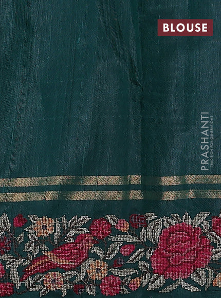Pure dupion silk saree green with allover zari weaves and floral embroidery border