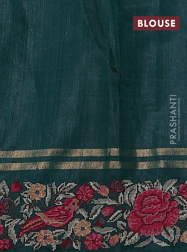 Pure dupion silk saree green with allover zari weaves and floral embroidery border