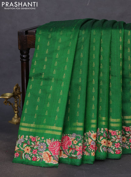 Pure dupion silk saree green with zari woven buttas and floral embroidery border