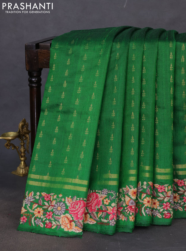 Pure dupion silk saree green with zari woven buttas and floral embroidery border