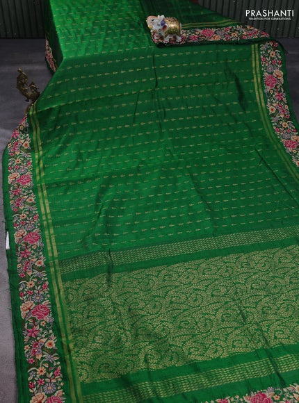 Pure dupion silk saree green with zari woven buttas and floral embroidery border
