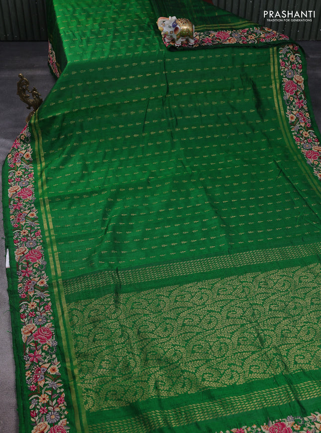 Pure dupion silk saree green with zari woven buttas and floral embroidery border