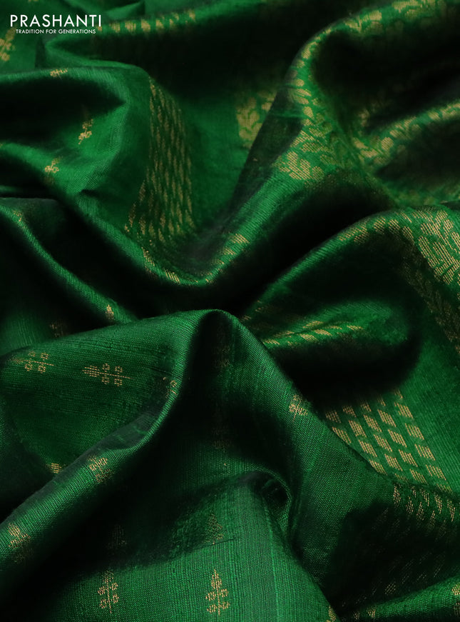 Pure dupion silk saree green with zari woven buttas and floral embroidery border