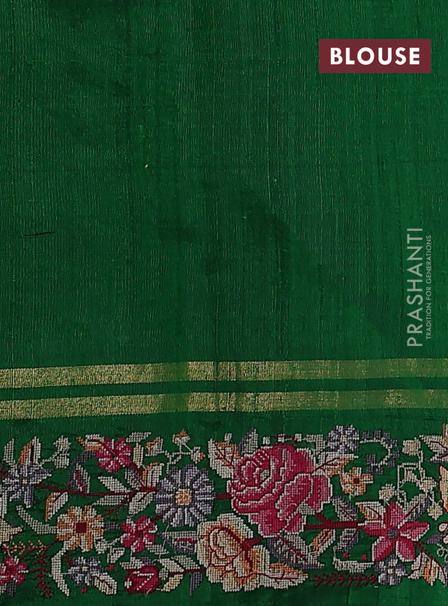 Pure dupion silk saree green with zari woven buttas and floral embroidery border