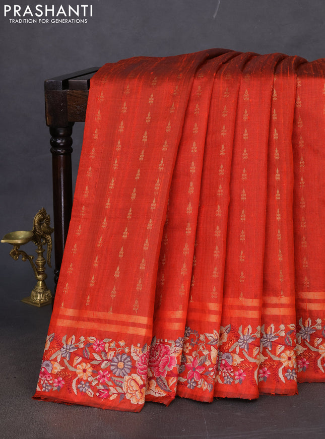 Pure dupion silk saree orange with zari woven buttas and floral embroidery border
