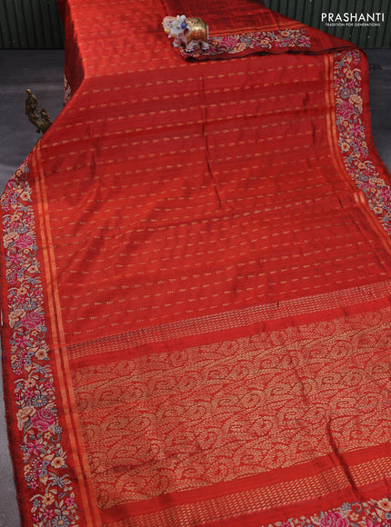 Pure dupion silk saree orange with zari woven buttas and floral embroidery border