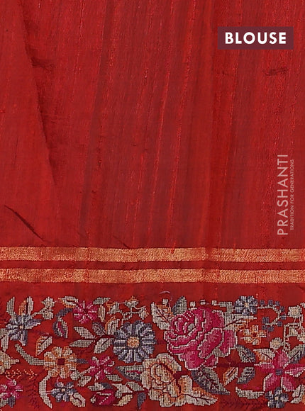 Pure dupion silk saree orange with zari woven buttas and floral embroidery border