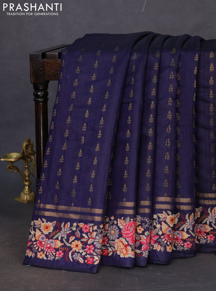 Pure dupion silk saree navy blue with zari woven buttas and floral embroidery border