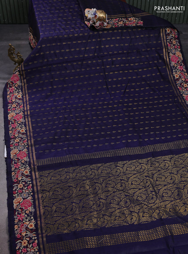 Pure dupion silk saree navy blue with zari woven buttas and floral embroidery border