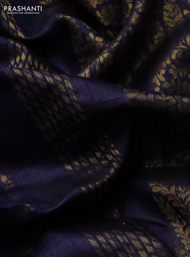 Pure dupion silk saree navy blue with zari woven buttas and floral embroidery border