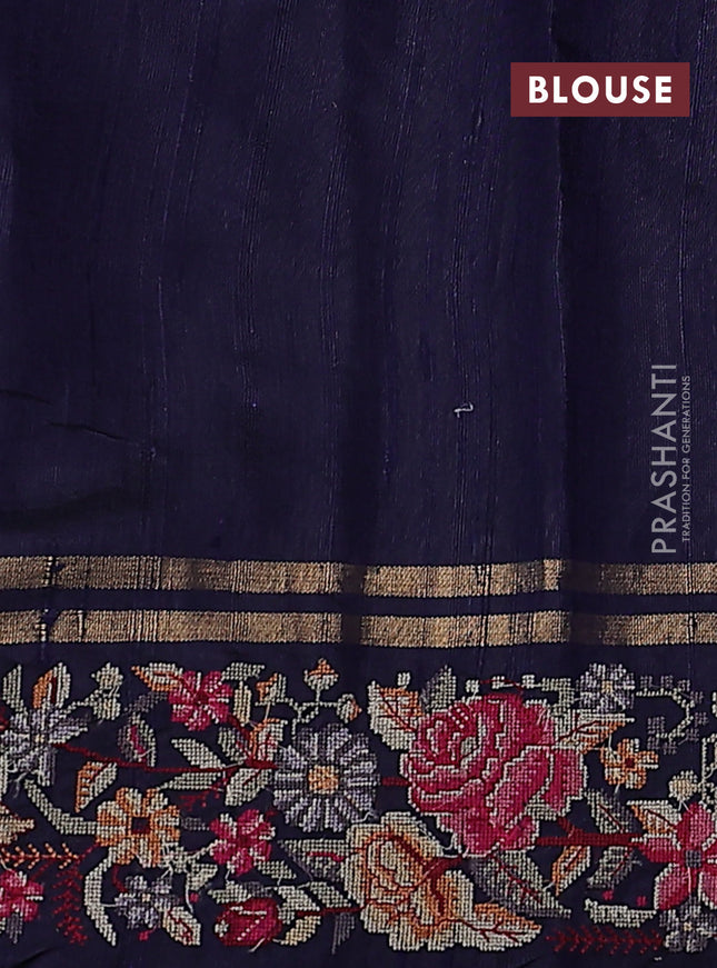 Pure dupion silk saree navy blue with zari woven buttas and floral embroidery border