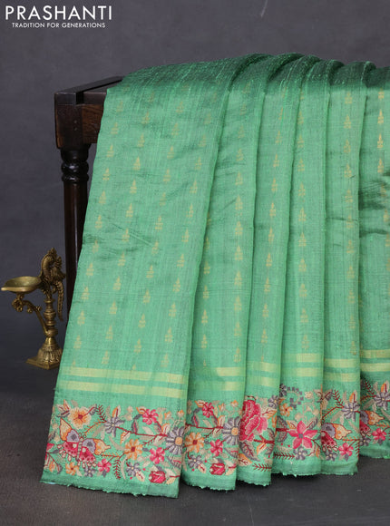 Pure dupion silk saree pastel green with zari woven buttas and floral embroidery border