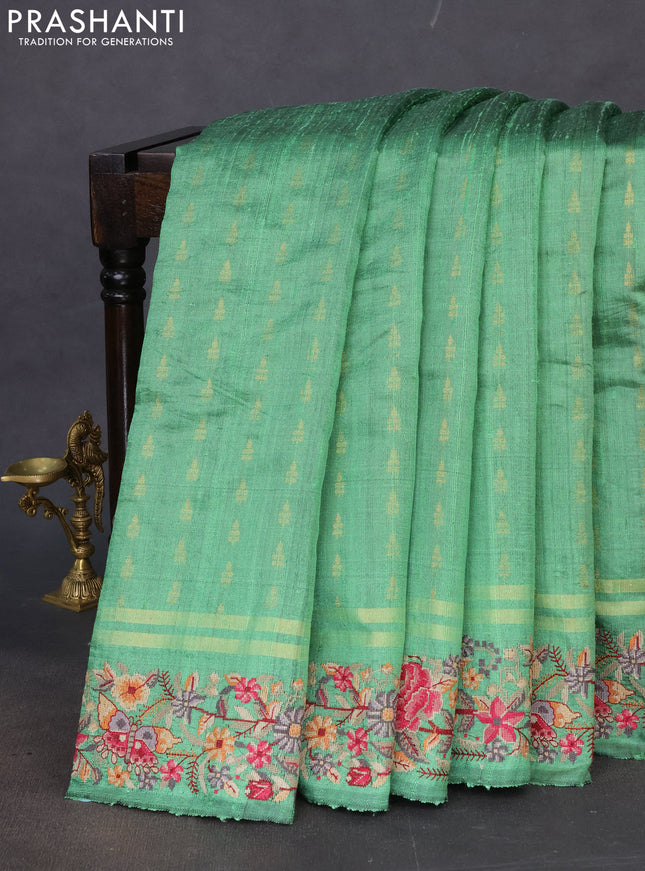 Pure dupion silk saree pastel green with zari woven buttas and floral embroidery border