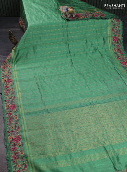 Pure dupion silk saree pastel green with zari woven buttas and floral embroidery border