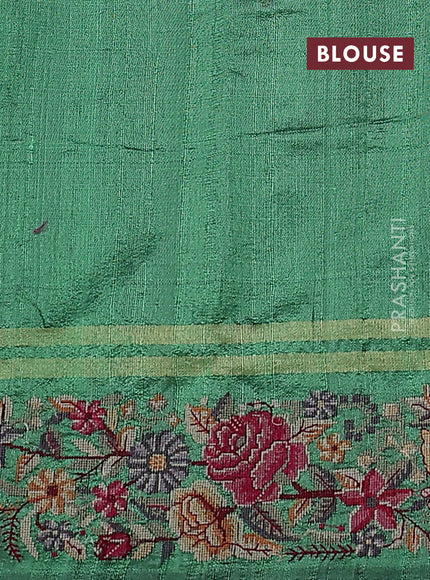Pure dupion silk saree pastel green with zari woven buttas and floral embroidery border