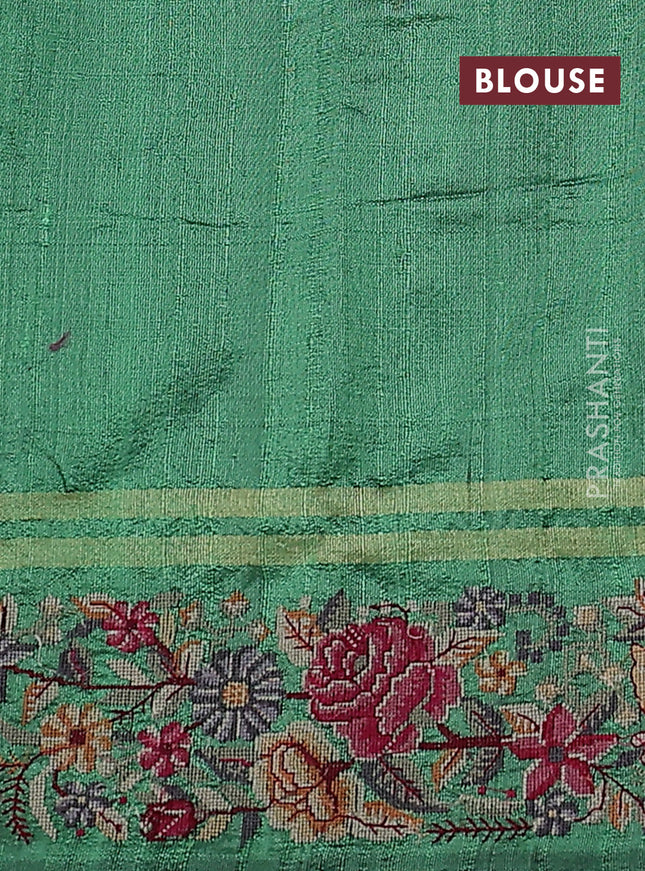 Pure dupion silk saree pastel green with zari woven buttas and floral embroidery border