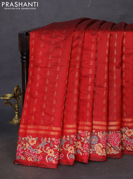 Pure dupion silk saree maroon with zari woven buttas and floral embroidery border