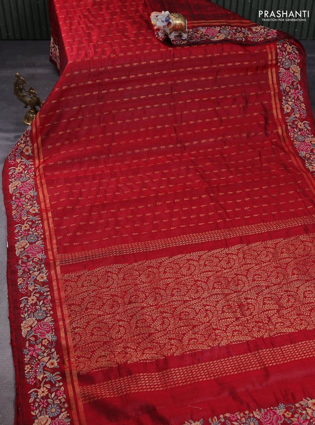 Pure dupion silk saree maroon with zari woven buttas and floral embroidery border