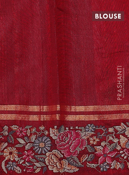 Pure dupion silk saree maroon with zari woven buttas and floral embroidery border