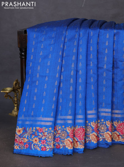 Pure dupion silk saree cs blue with zari woven buttas and floral embroidery border