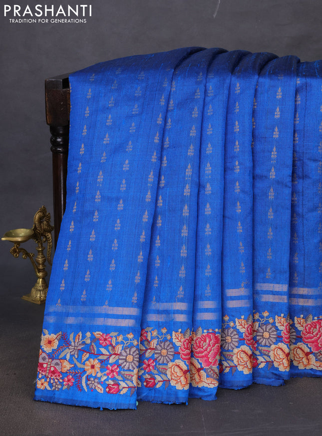 Pure dupion silk saree cs blue with zari woven buttas and floral embroidery border