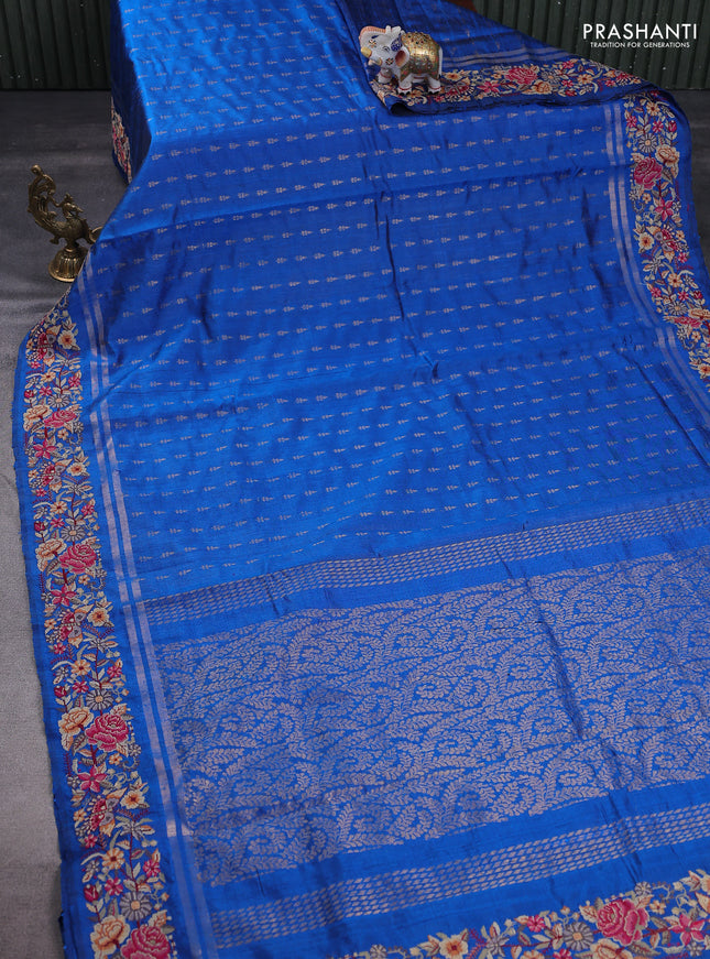 Pure dupion silk saree cs blue with zari woven buttas and floral embroidery border